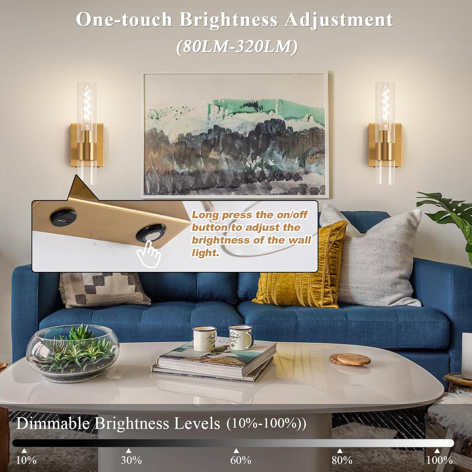 BELS Battery Operated Wall Sconces Set of Two, 13 Inch Gold Wireless Wall Light with Cylinder Clear Glass, Remote Control, Modern Wall Sconce for Bathroom, Bedroom, Living Room, Hallway