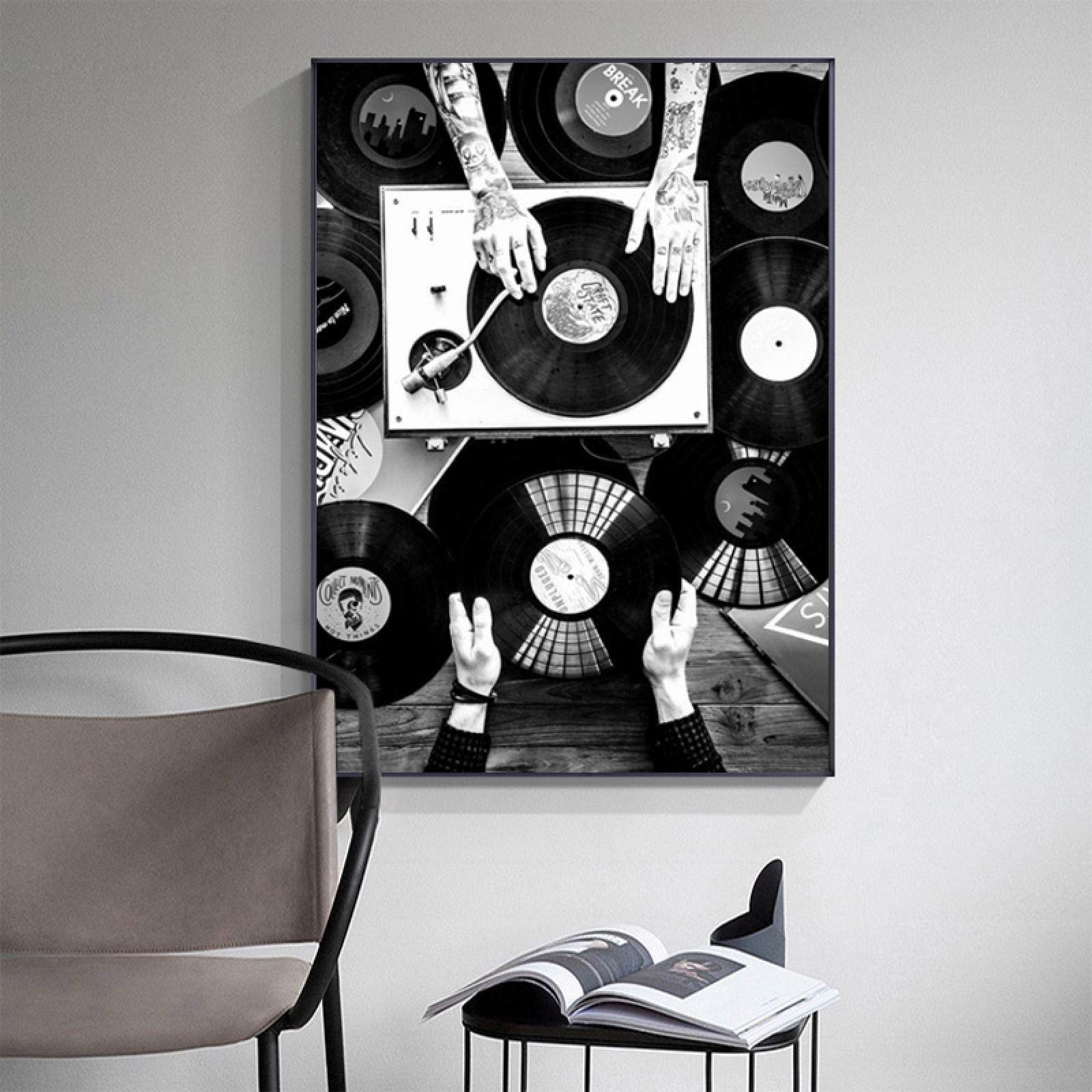 GLWDMH Cuadro sobre lienzo para pared de discos, carteles de música Vintage en blanco y negro e impresiones de imágenes de pared para decoración del hogar y la sala de estar - Enmarcado, 1 Pedazo