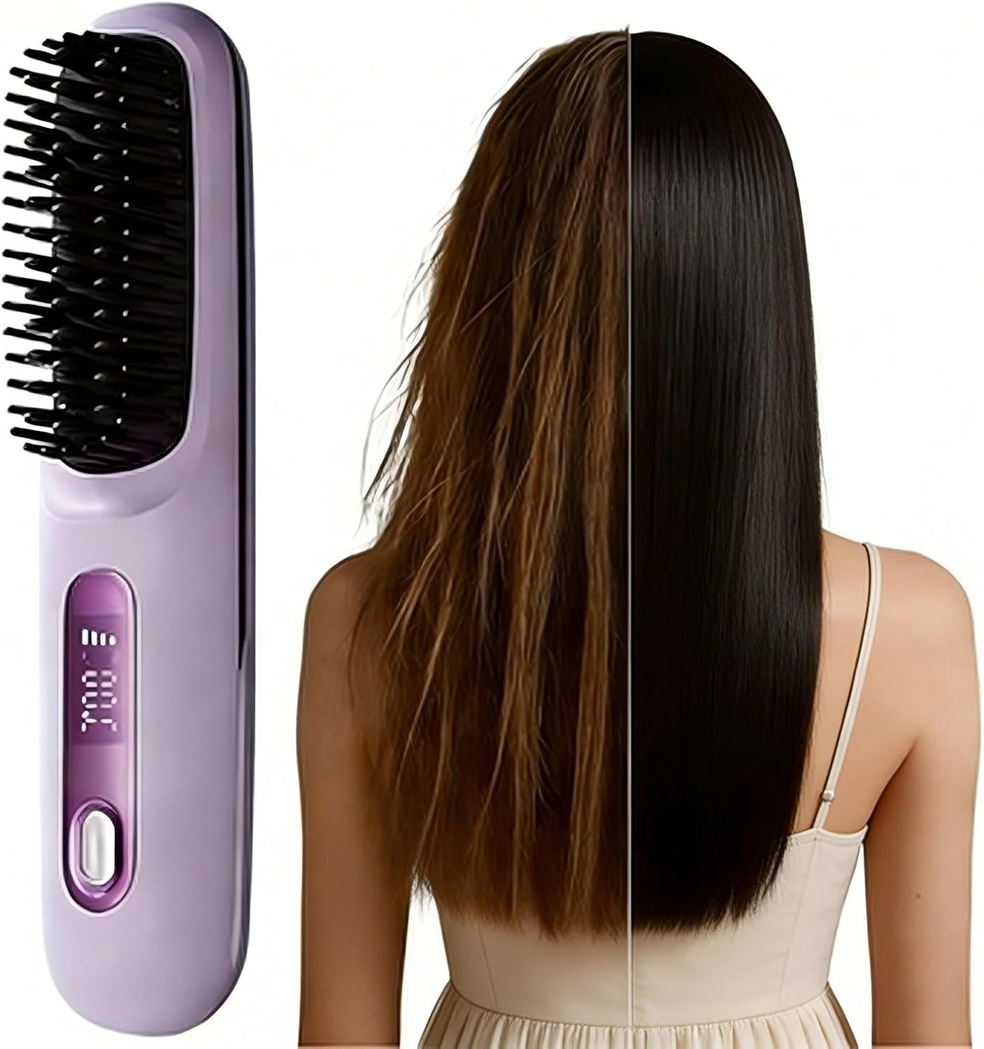 2026 New Cordless Hair Straightener Brush | Rechargeable Portable Straightening Brush with LCD Display | Mini Travel Styling Brush for Short Hair & Beard | Quick-Heating Wireless Hair Comb (Purple)