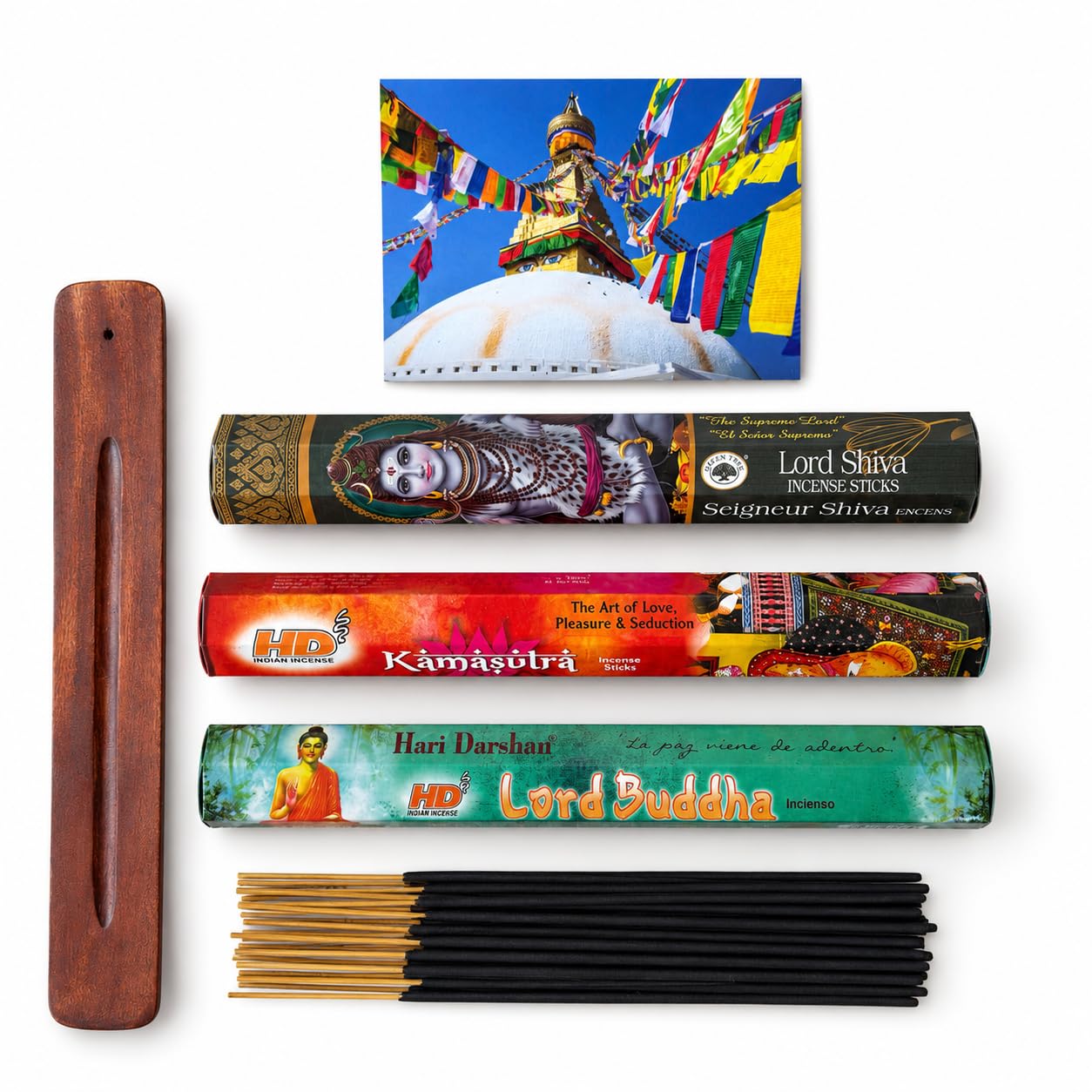 Buddha-Buddha Multicolour Incense Gift Set, Lord Buddha, Kamasutra & Lord Shiva Sticks With Wooden Holder & Buddhist Postcard, 60 Sticks