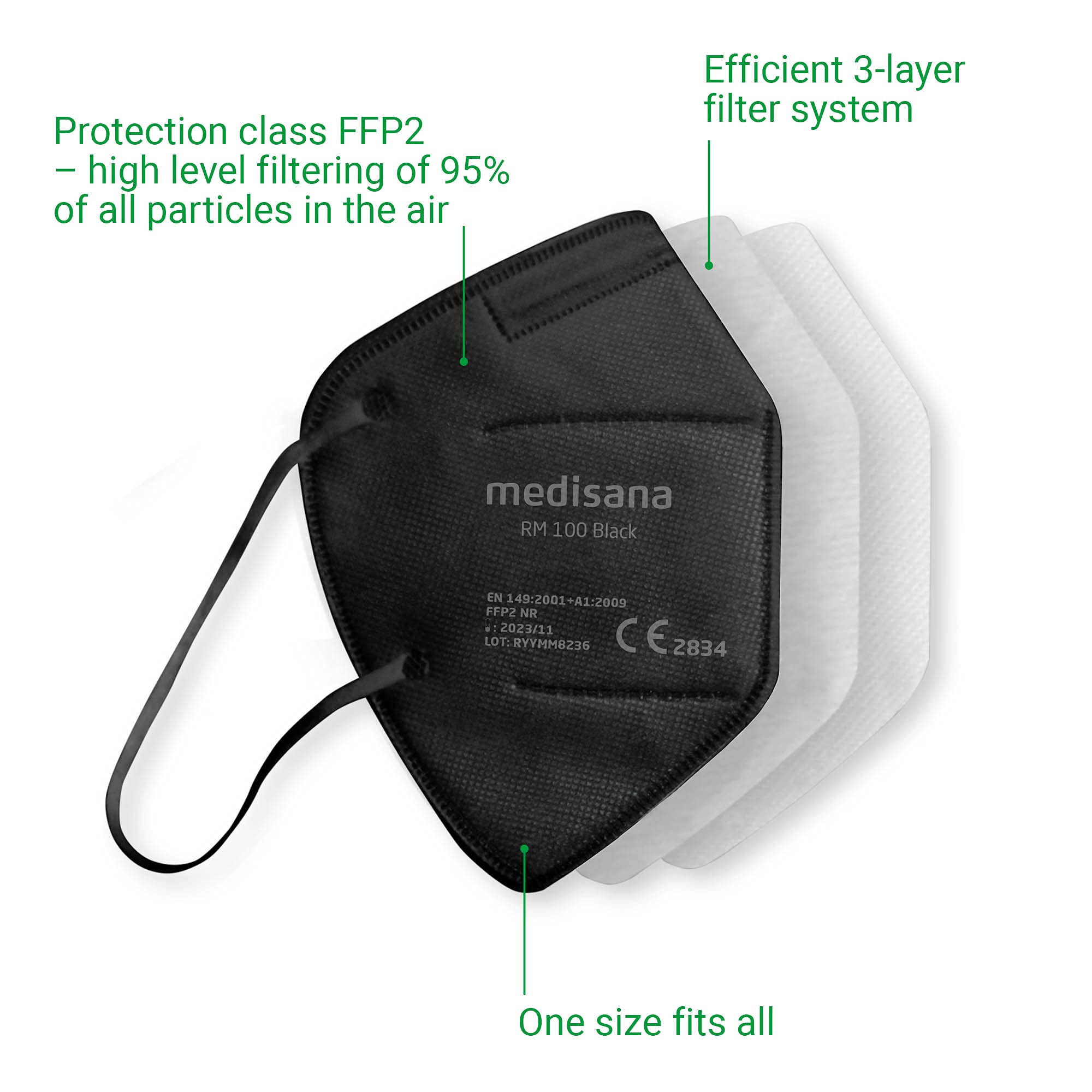 medisana FFP2 Masque respiratoire noir Masque anti-poussière RM 100, masque anti-poussière Masque buccal 10 pièces emballées individuellement dans un sachet PE avec clip - certifié CE2834 EU 2016/425