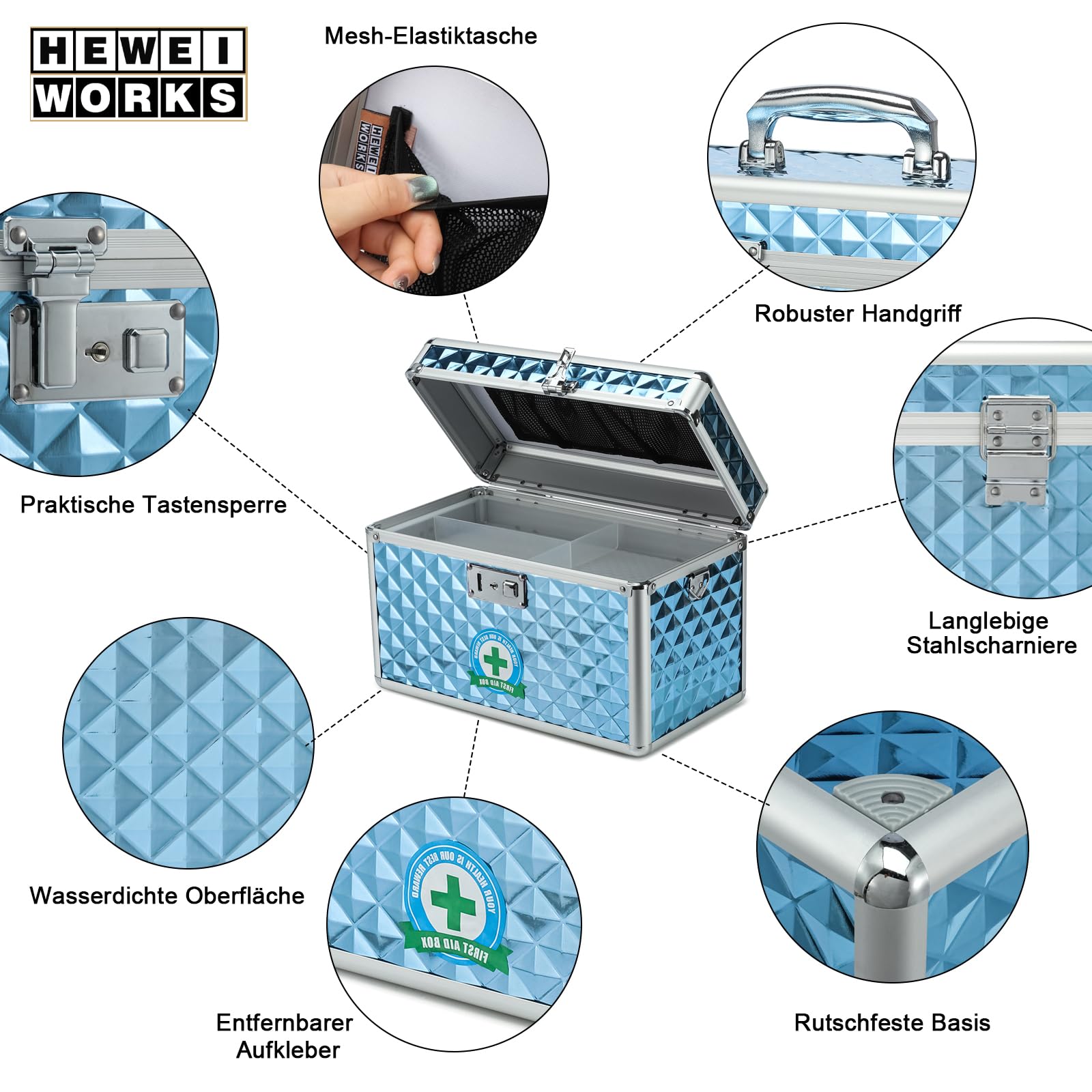 Caja de medicamentos con cerradura, caja vacía de primeros auxilios, caja de seguridad, caja versátil con cerradura para el hogar y al aire libre (azul, grande)