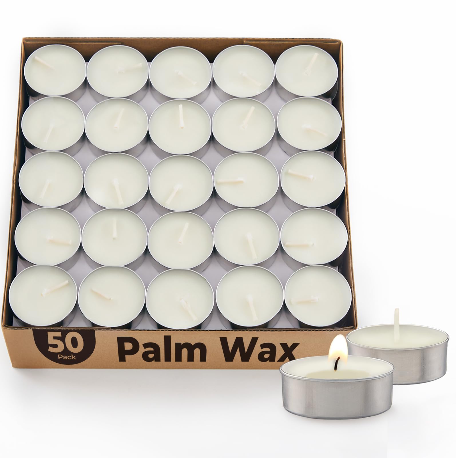 Unscented Palm Tea Lights Candles 50 Pack Bulk, 4.5 Hours Long Burning White Tea Lights,Non-Paraffin, Smokeless, Mini Tealight Candles for Wedding, Table Centerpiece, Party, Power Outages