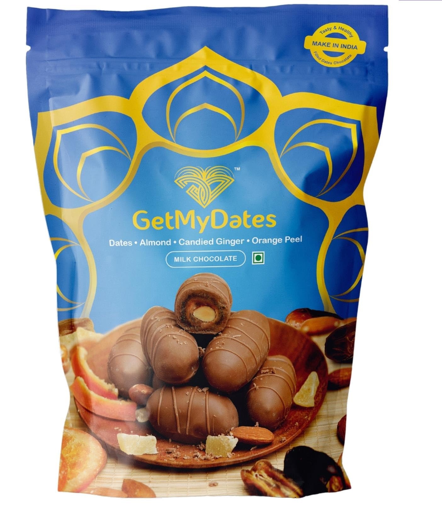 GetMyDates Dates Chocolate With Almond And Dry Fruits Gift Pack Premium Milk Chocolate Coated Arabian Seedless Dates Stuffed With Roasted Almond, Candied Orange 120gm (B0CT8HJ3HD) Amazon Price History, Amazon Price Tracker