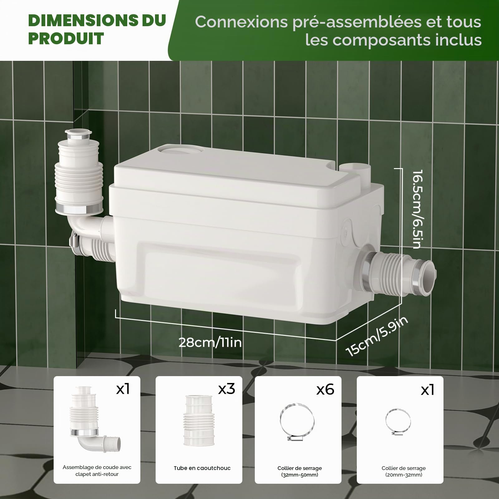 Pompe de douche silencieuse 400 W, pompe d'égout macérateur sous évier, 6 m, levage de tête avec 3 entrées pour sous-sol, cuisine, lavabo, baignoire, linge, pompe de levage automatique des eaux usées