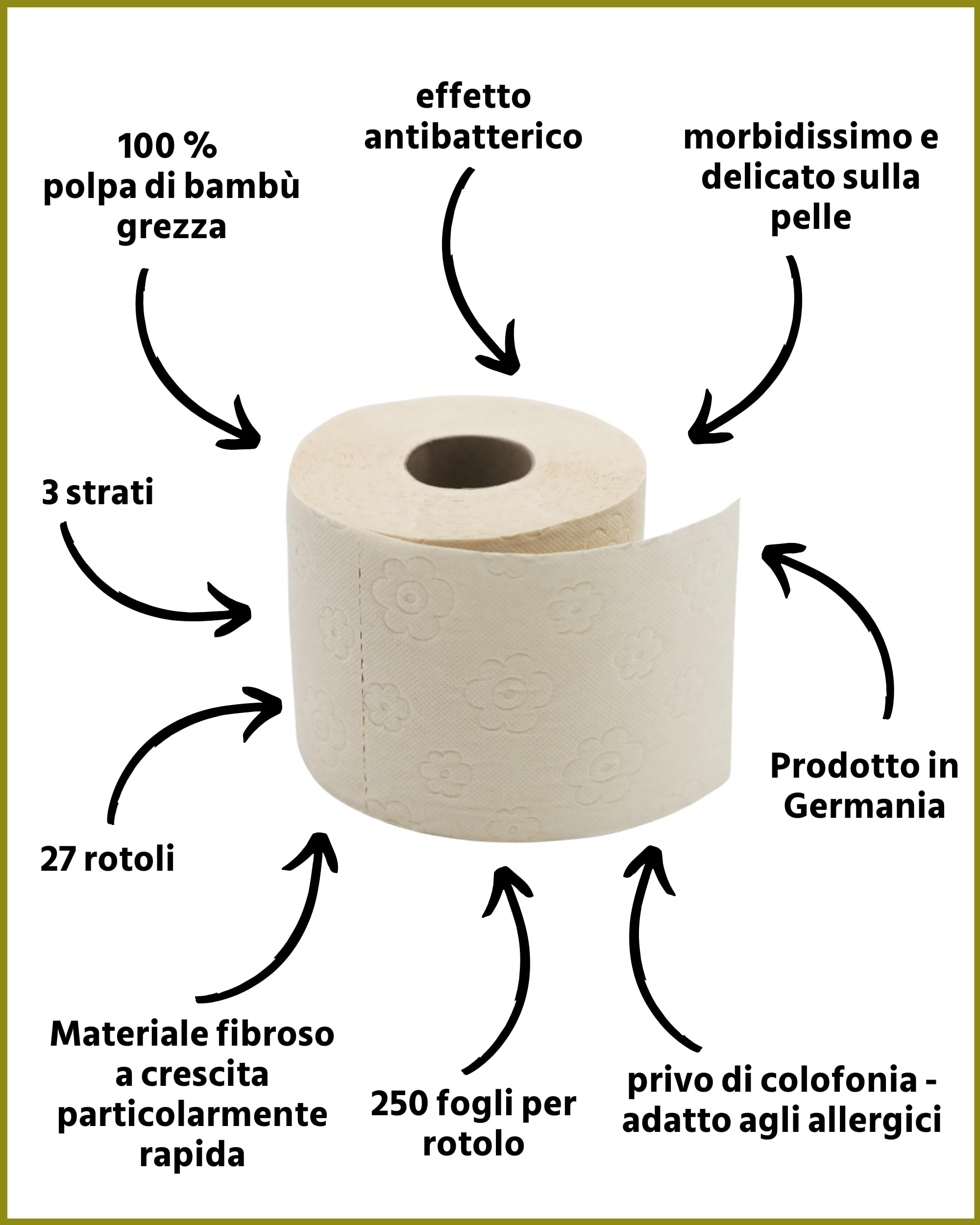 oecolife - Scatola di carta igienica in bambù, 3 strati, 27 rotoli da 250 fogli, confezione grande, super morbida, senza plastica, prodotto vegano, carta igienica sostenibile