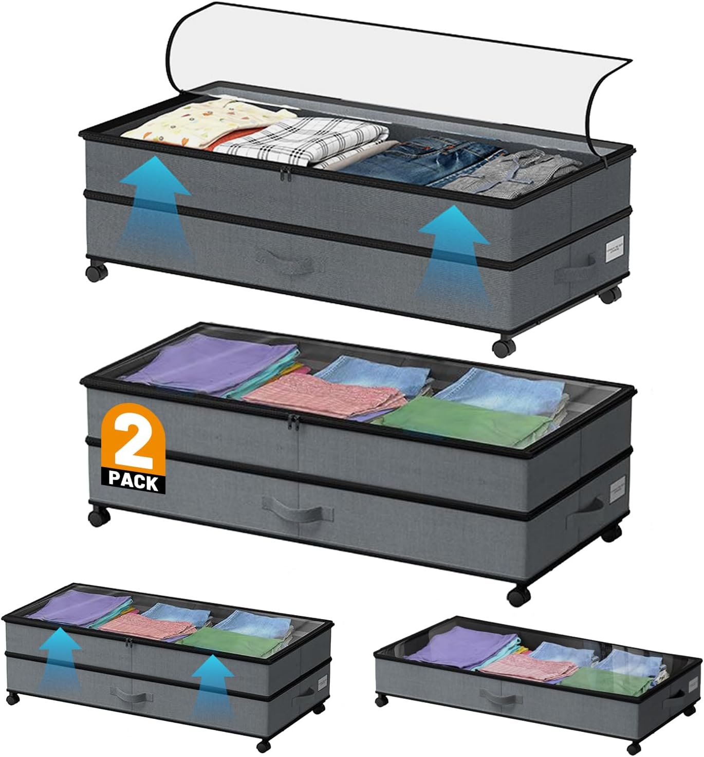 Under Bed Storage with Wheels, 2 Pack Large Capacity Storage Containers with Clear Lids & Handles, Adjustable Height 7.5”–10.6”, Under bed Organizer Bins for Shoes, Clothes, Blankets, Toys (Grey)