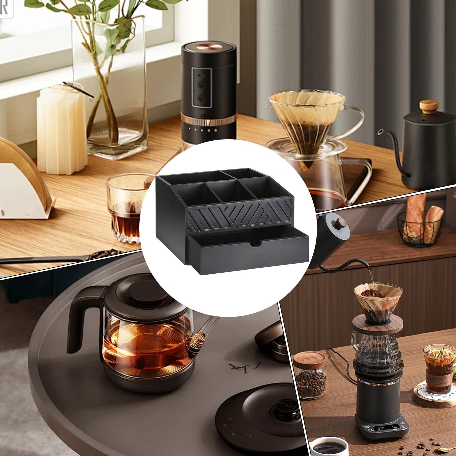 Scatola in legno per caffè e tè con 5 cartoni, per cucina, sala da pranzo, casa, ufficio, perfetta per gli amanti del caffè e gli appassionati di tè