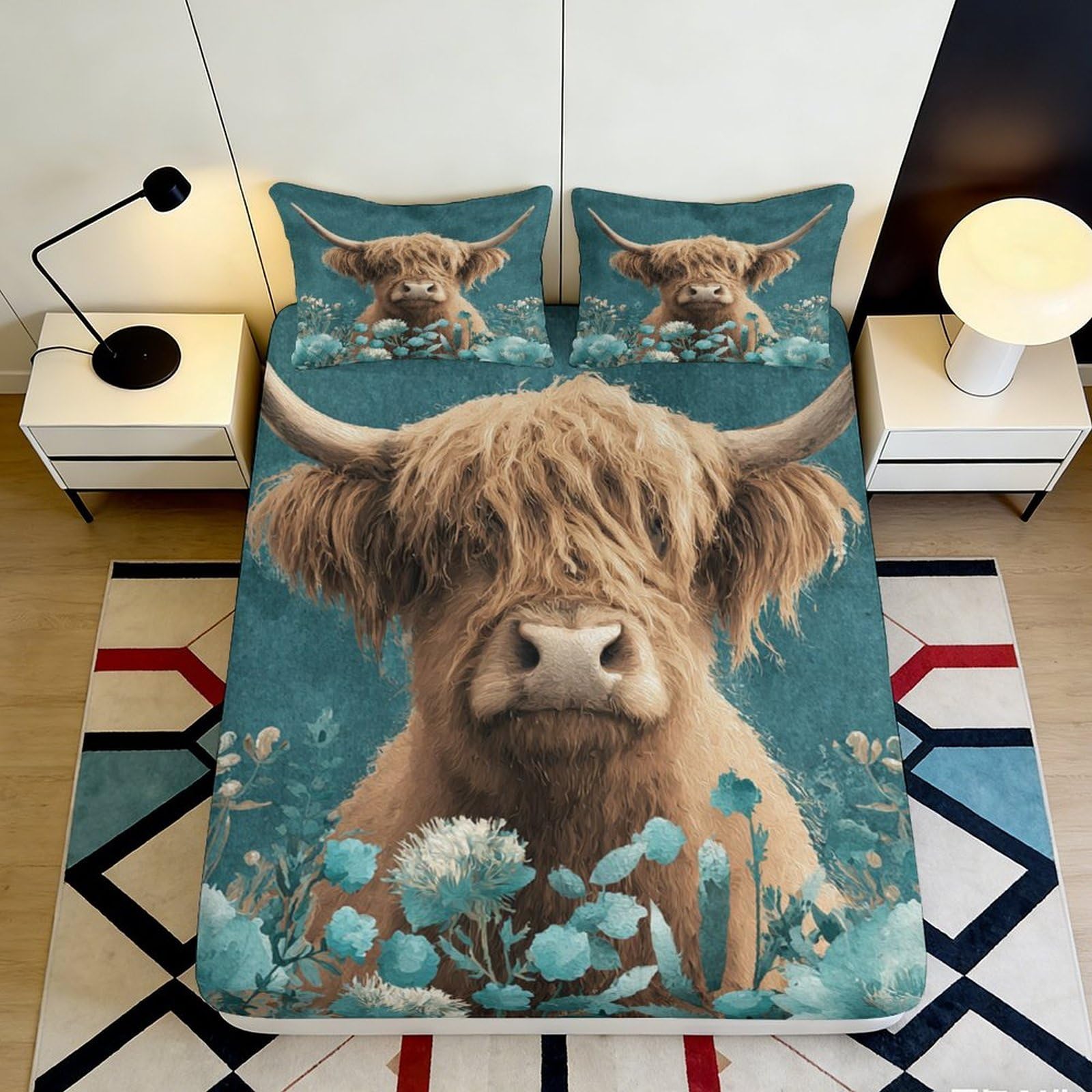 3D Printed Highland Cow Fitted Sheet Microfiber Deep Pocket Bedroom Bedding Highland Cow Mattress Fitted Cover Washable 160x200x25cm