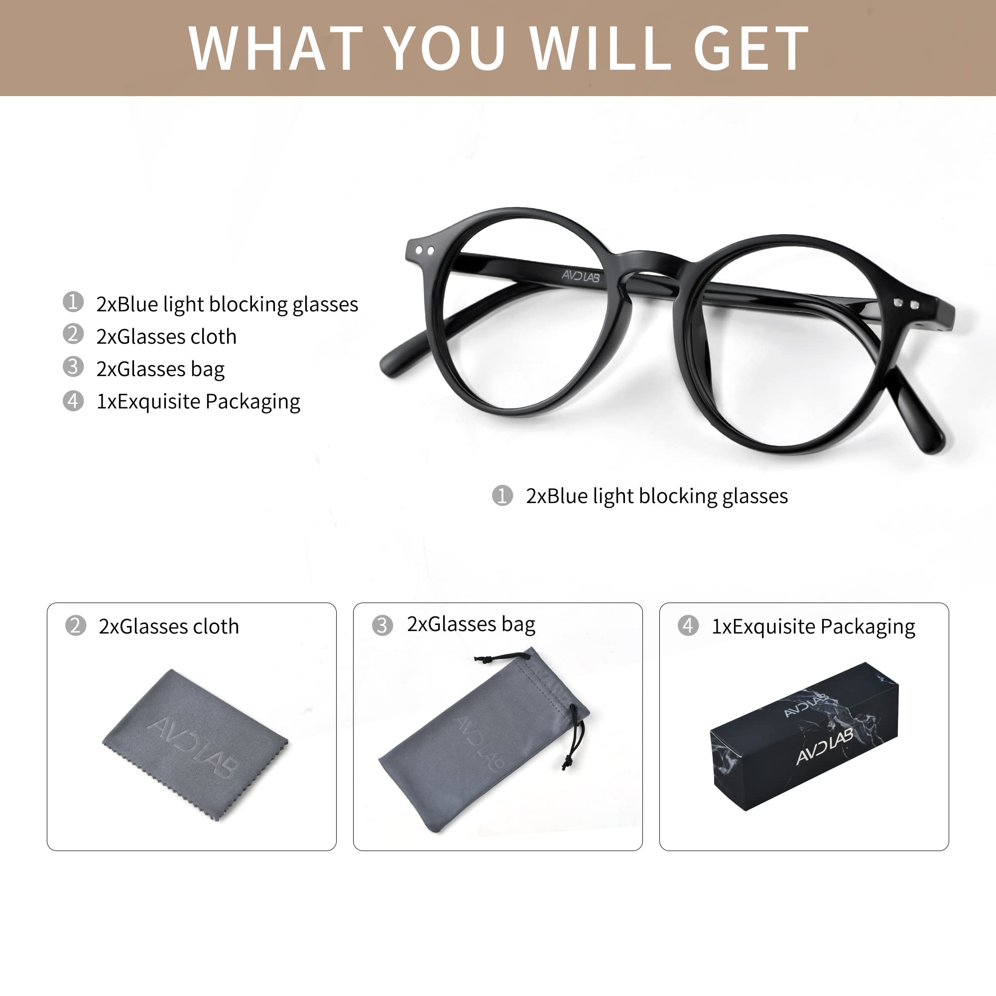 Runde Retro-Brille mit Blaulichtfilter, für Herren und Damen, mit UV-Schutz AB3303 (Schwarz/Transparent)