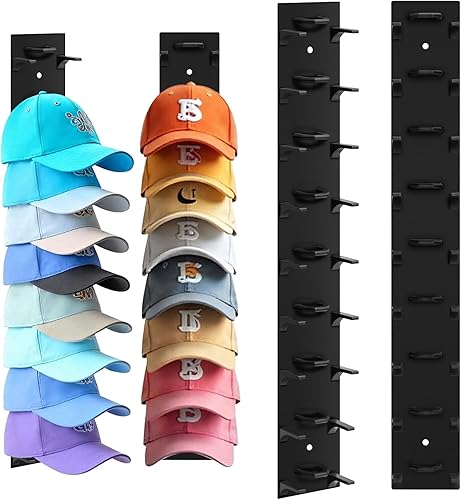 Hat Organizer for Baseball Caps, 2 Pack Hat Rack for Wall Hold up to 18 Hats Strong Adhesive Hat Hooks Stand Multilayer Hat Hanger Organizer Storage Holder Display for Door Closet Bedroom（Black)