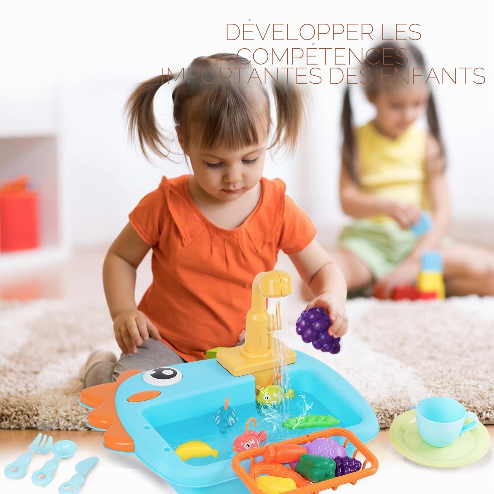 Jouet évier Enfant avec Eau Courante, Lave-Vaisselle Jouet pour Enfants avec Jeu de Pêche, Pots, Légumes et Fruits, Jouets de Cuisine, Dinette Enfant, Jeu de Rôle Cadeaux pour Garçons Filles 3 Ans