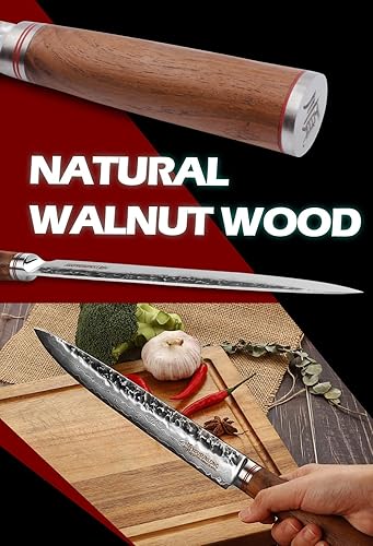Miniatura 8 de YOUSUNLONG Cuchillo de filete de 12 pulgadas Max Yanagi Cuchillo Plus Sashimi japonés martillado acero Damasco mango de madera de nogal natural con