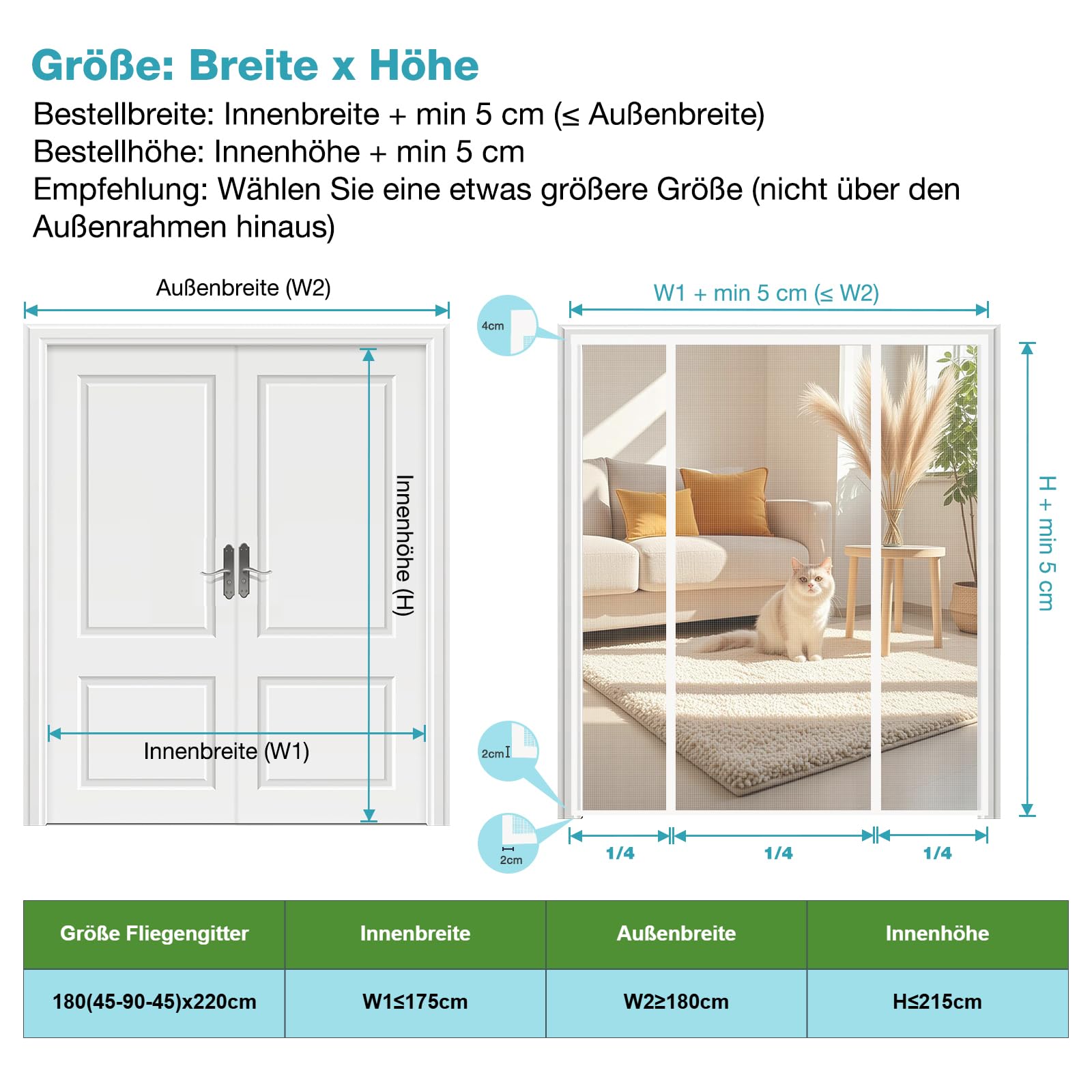 Fliegengitter Tür 180x220 cm Weiß, Magnetisches Fliegengitter Balkontür Doppeltür – Ohne Bohren Klebemontage, Lichtdurchlässig, Nicht Kürzbar, Für Balkon Terrasse Außenbereich