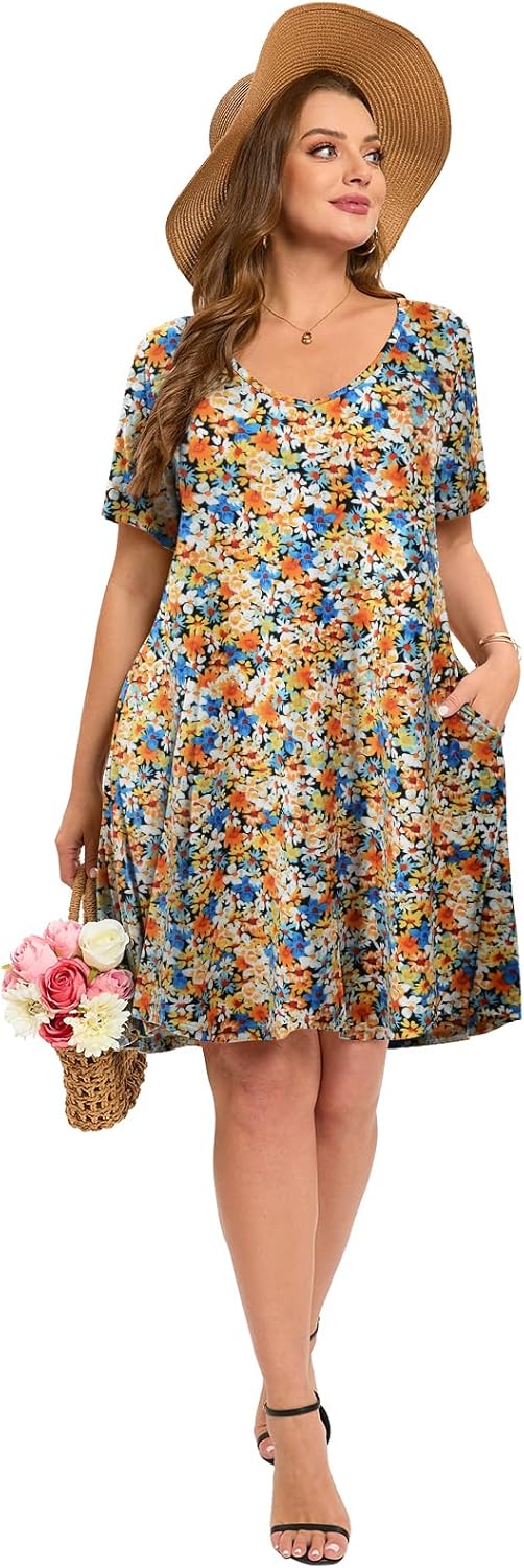 ZENNILO Women's Plus Size Swing Dress with Pockets Casual Summer Dresses V Neck Short Sleeve T Shirt Dress for Women - Image 5