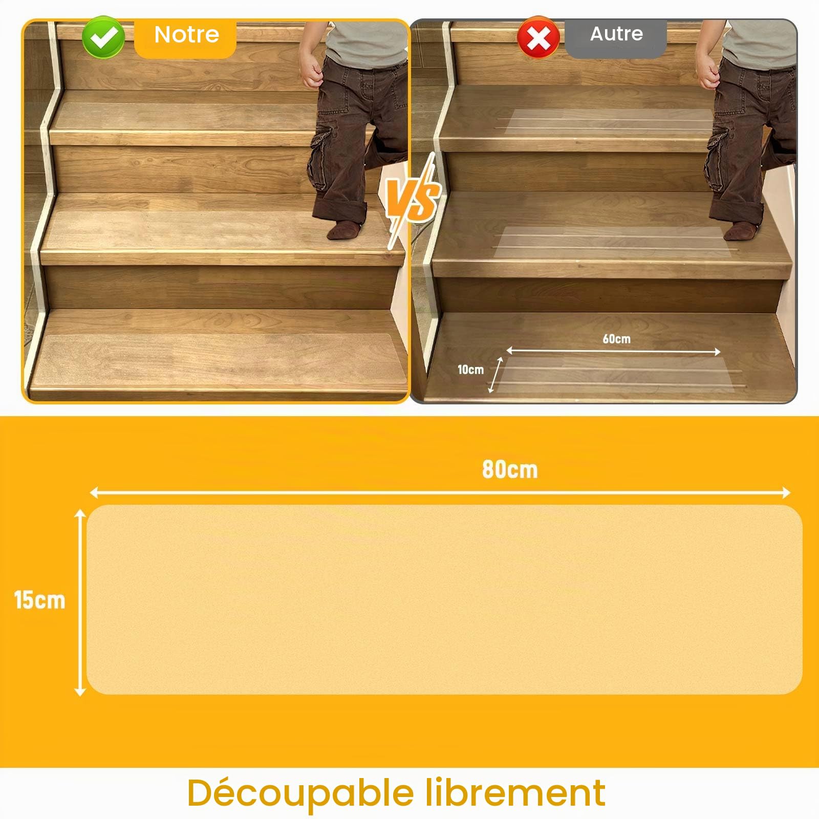 Lot de 15 tapis d'escalier, 15 x 80 cm, transparents, autocollants, imperméables, antidérapants, pour marches en bois, sol