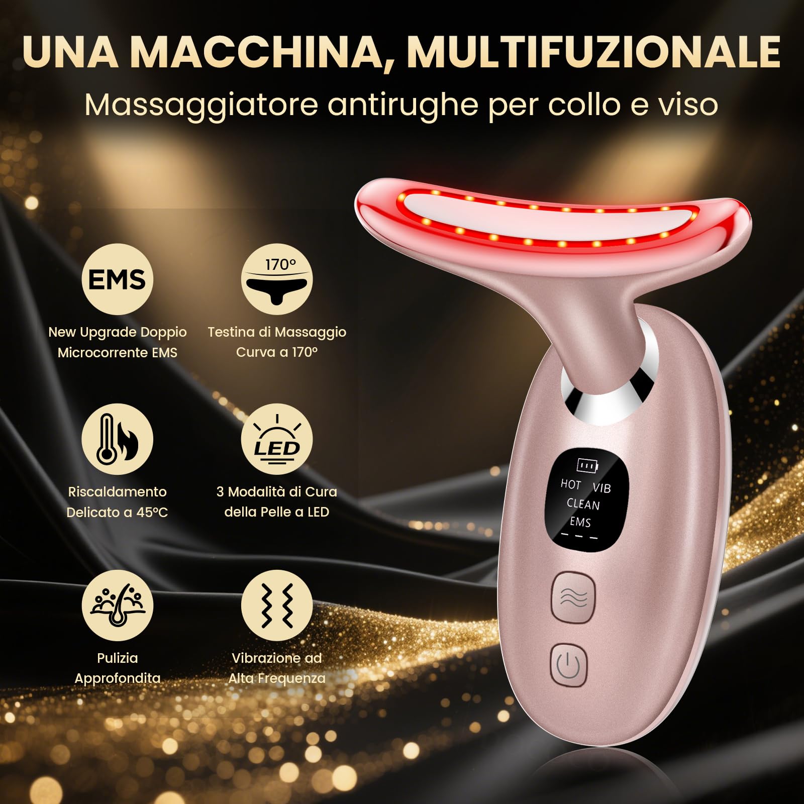 Massaggiatore Viso Lifting Antirughe Elettrico, DOCOCO Doppio EMS Dispositivo di Bellezza Antirughe con 3 Modalità, 45℃ Terapia Lifting Viso, Massaggio Rassodante Viso e Collo