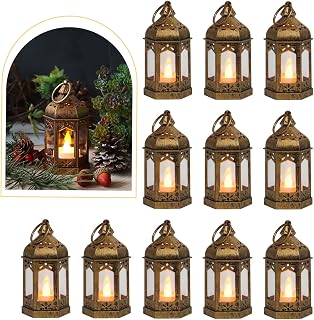 LLQ 8-Pack Mini Vintage Brown LED Lanterns with Flickering Tealights - Hanging Moroccan Style for Christmas, Ramadan, Weddings, Parties