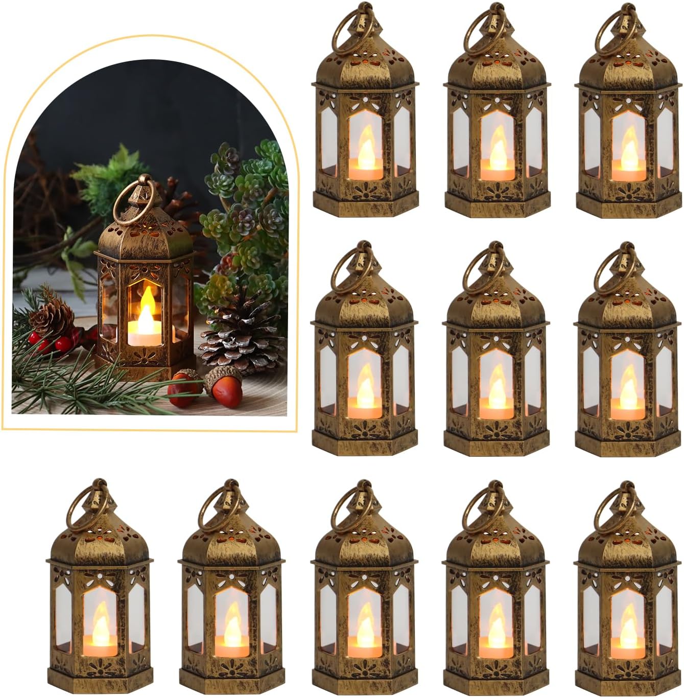 8Pcs Mini Lantern with LED Tealight, Vintage Brown Lanterns Decorative, Hanging Candle Lanterns for Halloween Christmas Wedding Table Centerpiece Indian Decor, Garden Fairy Party Decorations
