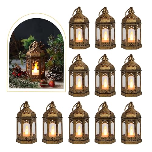 8Pcs Mini Lantern with LED Tealight, Vintage Brown Lanterns Decorative,