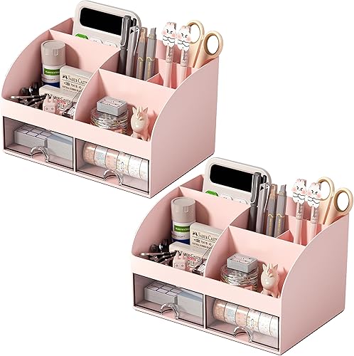 Miniatura 10 de Organizador de escritorio con 6 compartimentos y 2 cajones, organizador de maquillaje de plástico, soporte para bolígrafos para almacenamiento
