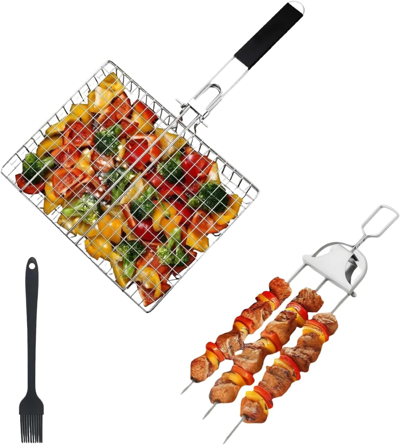 Grill Basket Stainless Steel with Portable Removable Handle BBQ Grilling Basket for Steak Burger Fish Meat Shrimp Vegetables Grill Vegetable Basket Dishwasher Safe（grilling accessories）