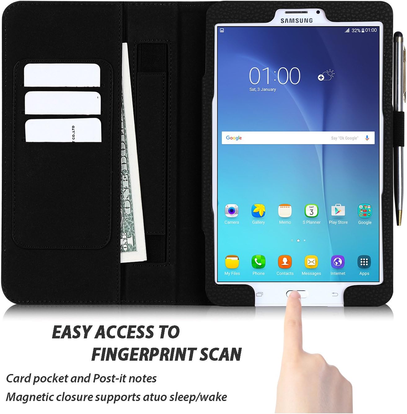 FYY Case for Galaxy Tab E 8.0 - Premium PU Leather Case Stand Cover with Card Slots, Note Holder, Elastic Strap for Samsung Galaxy Tab E 8.0 4G LTE SM-T377 Tablet Black
