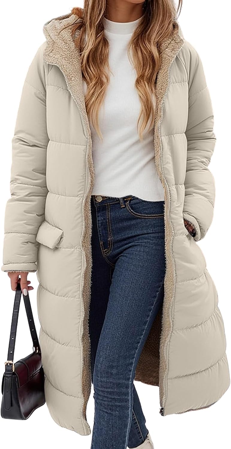 ECOWISH Women Winter Puffer Jacket - Reversible Fur Fleece Lined Hood Zip Sherpa Coat Parka Padded Long Outerwear