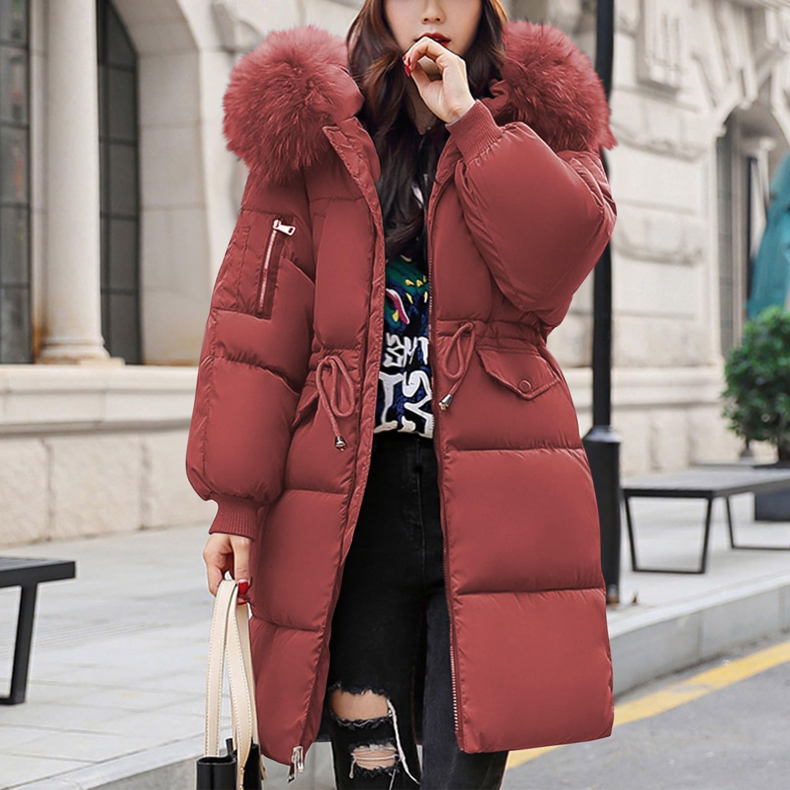 Piumino lungo da donna invernale caldo piumino lungo per le donne con cappuccio tinta unita giacca trapuntata a maniche lunghe con tasche imbottite impermeabili trench con cappuccio in pelliccia