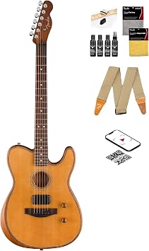 Fender Acoustasonic Standard Telecaster - Aged Natural Bundle with Strap, Guitar Cleaning Kit and Austin Bazaar Instructional Video