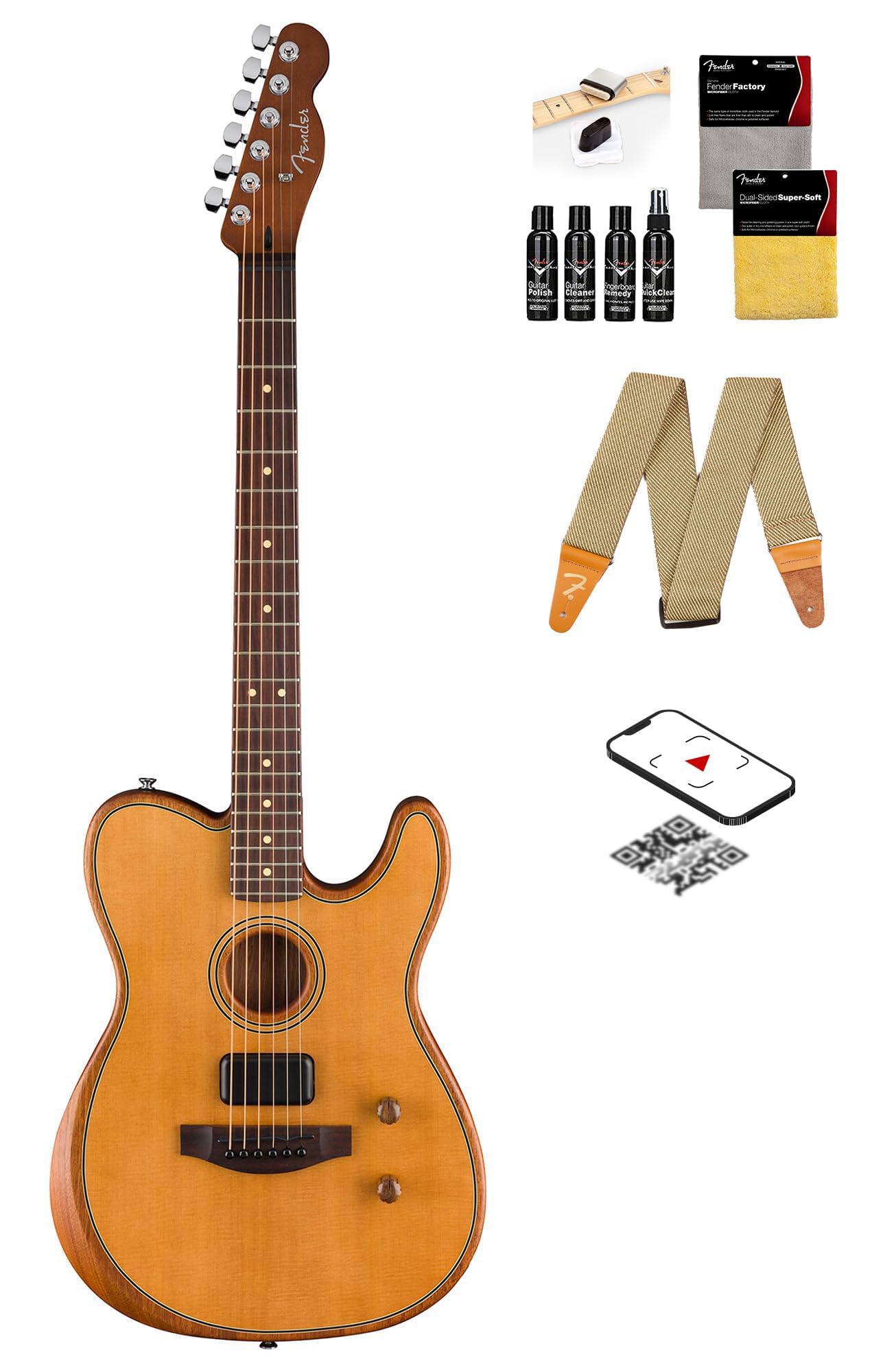 Acoustasonic Standard Telecaster - Aged Natural Bundle with Strap, Guitar Cleaning Kit an…