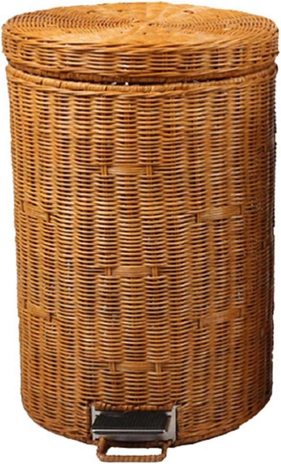 CUTMKGK Rattan Round Foot Pedal Trash Can with Lid,Kitchen Wicker Garbage Can Bedroom Retro Office Silent Handwoven Wastebasket (Brown,8L)