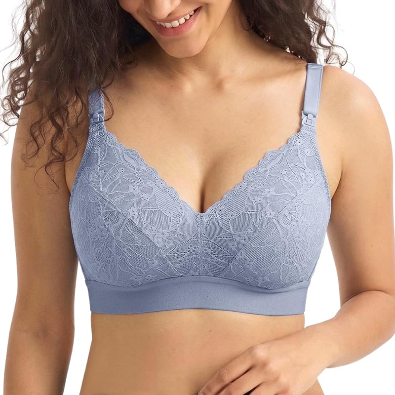 Lace Nursing Bra for Breastfeeding, Wirefree Maternity Bra with Fixed Padding, Soft Deep V Bra