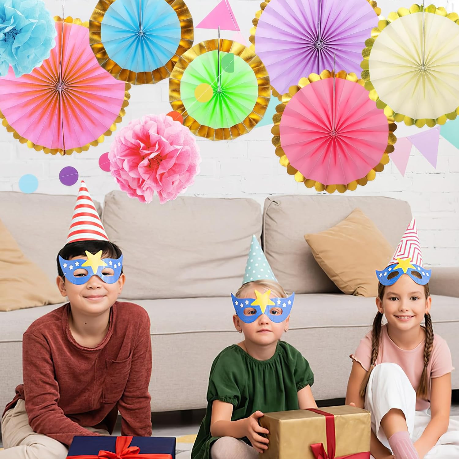 Toyvian Pastel Party Decorations Fan Set with Tissue Pom Poms Paper Fans and Party Banner for Birthday Classroom Event Hanging Decor