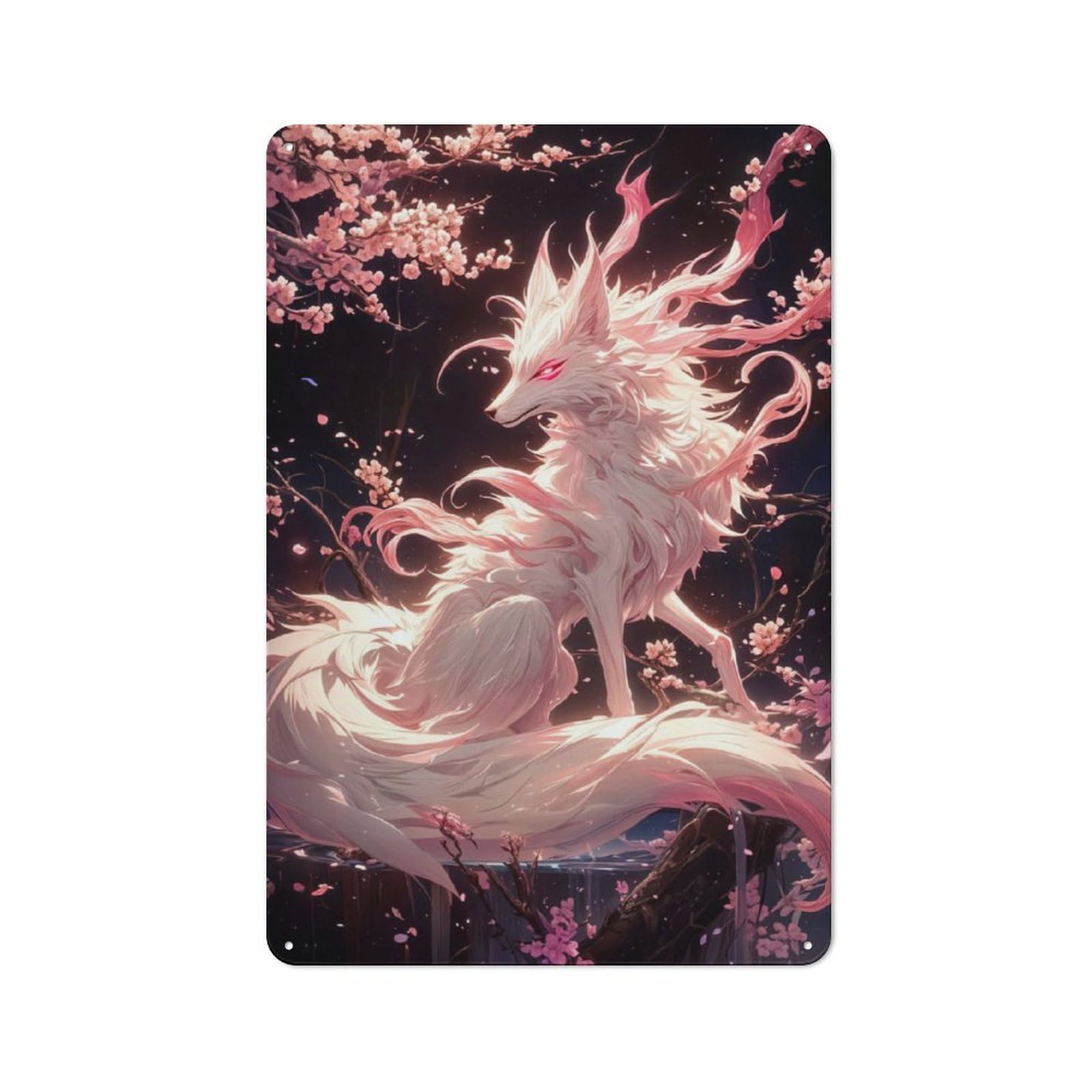 Junmoney Sakura Kitsune Fox Industrial-Style Metal Plaque 30X20cm For Workshop Wall, For Vintage Wall Decor Fans, For Themed Room Decoration