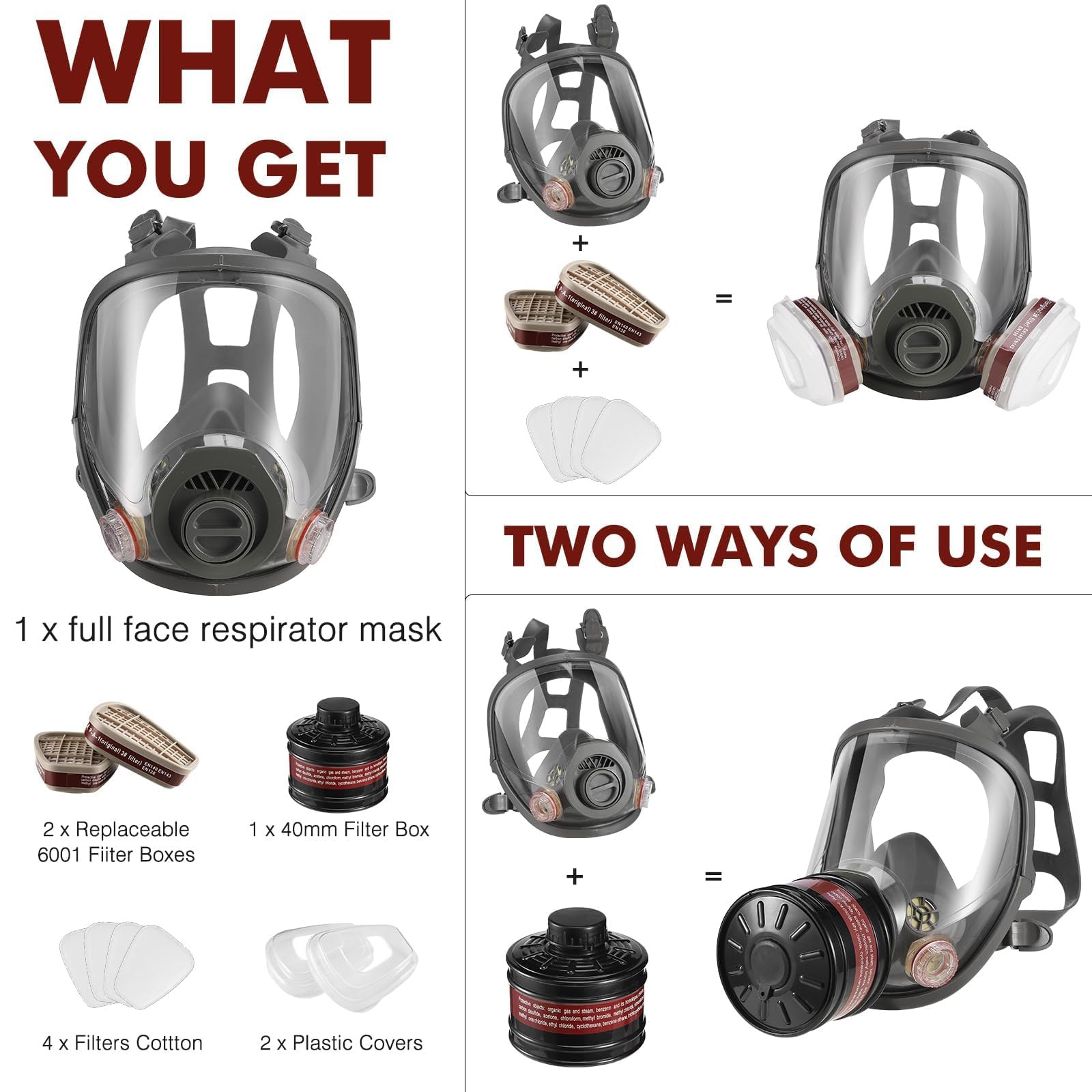Masque intégral à gaz – Masque respiratoire réutilisable à gaz de survie nucléaire et chimique avec filtre à charbon actif 6001 cn et 40 mm