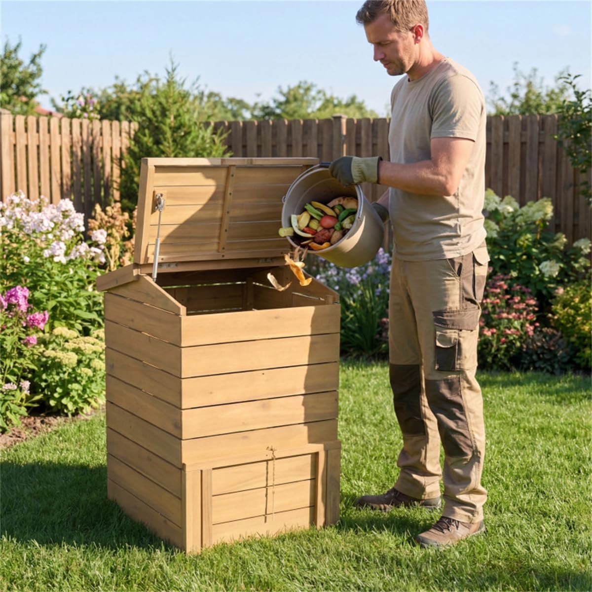 Solid Acacia Wood Composter Bin, 33-Inch Tall Outdoor Garden Compost Box with Gas Strut Flip-Top & Bottom Sliding Door, Heavy-Duty Fertilizer Maker for Yard Waste, Natural, 23x25x33 Inch