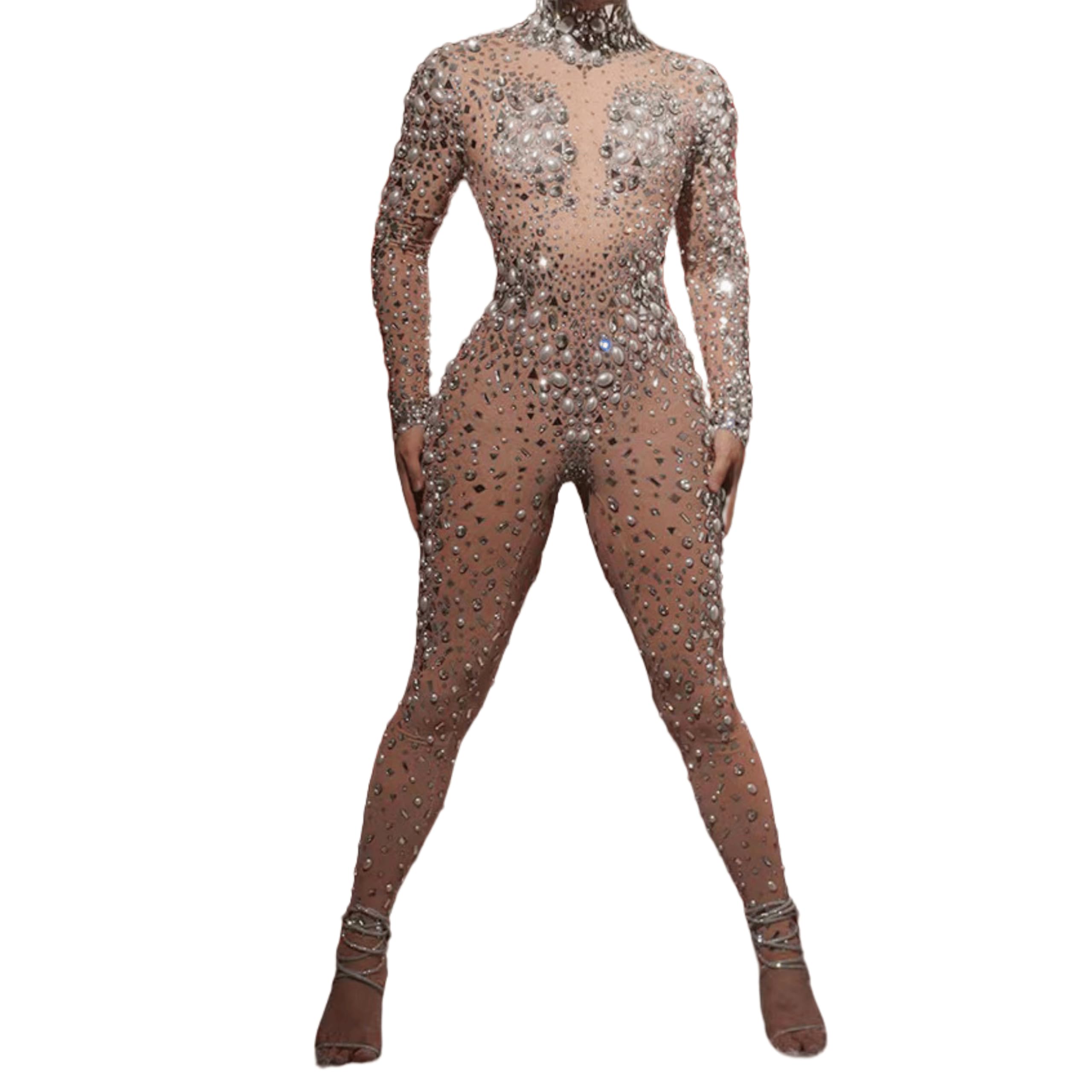 JLDZEBD Sparkle Full Rhinestone Jumpsuit Leopard Print Team Party Birthday Leotard Drag Queen Pole Dance Festival Clothing,Champagne,L