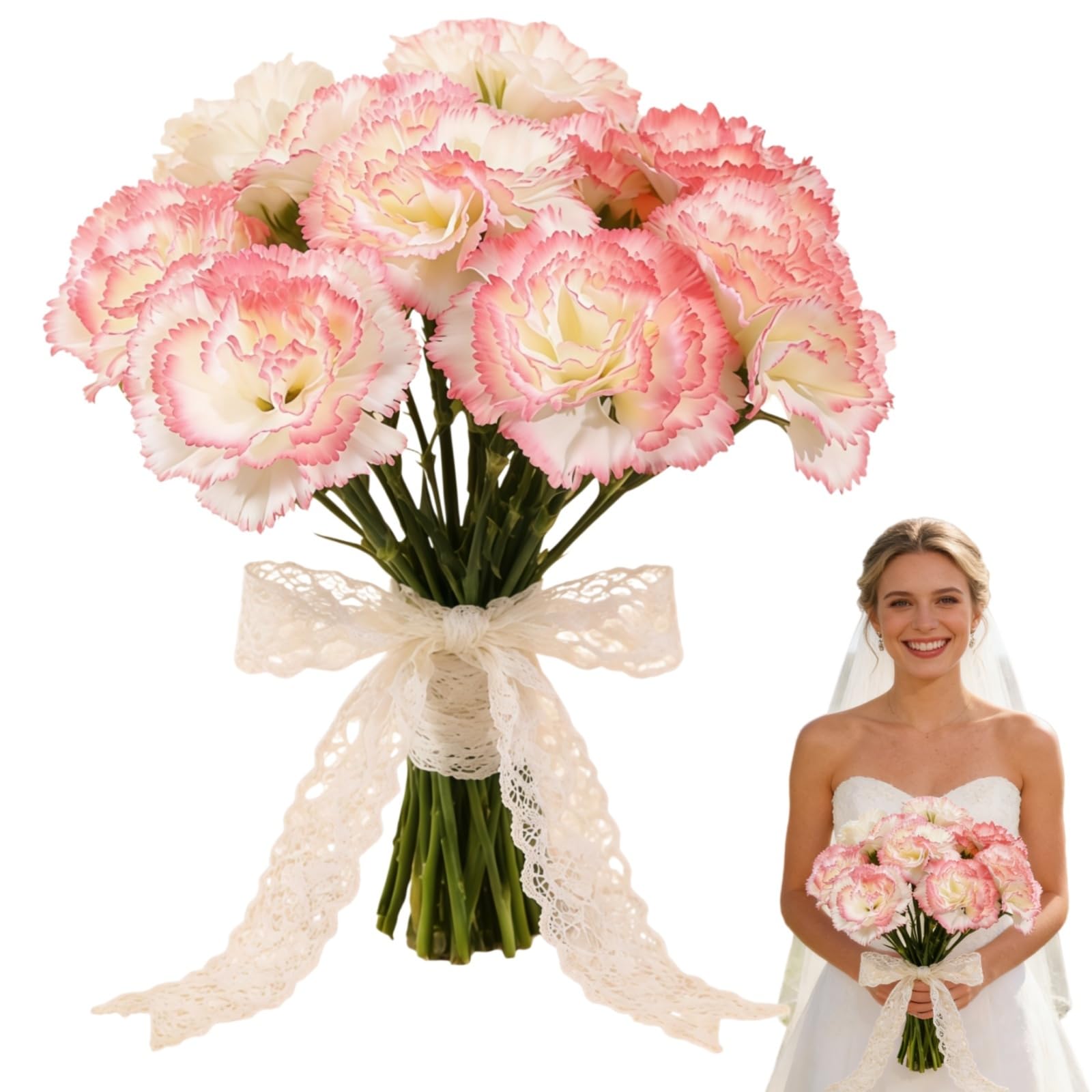 HUANYO 6 Pack Artificial Carnations - 8cm Wide Large Real Touch Silk Flowers for Weddings, Home, Table Decor (Pink border)