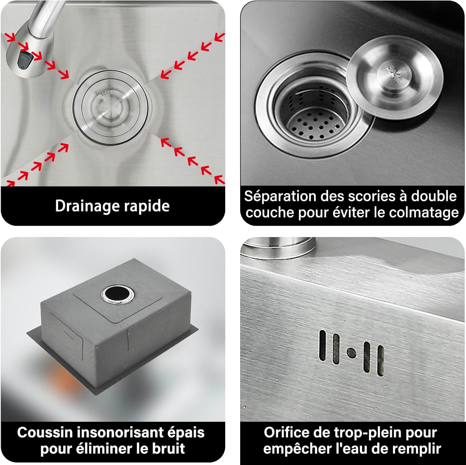 Evier de Cuisine Brossé 1 Bac 60x45 CM, avec Robinet Extensible, Distributeur de Savon et Lave-gobelet, Kit de Plomberie Complet