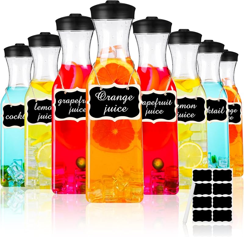 Lallisa 8 Piezas Jarra de Plástico de 54 oz Jarra de Agua con Tapa Jarra de Plástico Transparente con Tapa Recipientes de Bebidas de Base Cuadrada para Refrigerador Suministros de Barra Mimosa Agua, Leche, Jugo con Etiquetas para Colgar