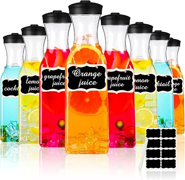 Lallisa 8 Pcs 54 oz Plastic Carafe Water Carafe with Lid Clear Plastic Pitcher with Lid Square Base Drink Containers for Fridge Mimosa Bar Supplies Water, Milk, Juice with Labels Hanging Tags
