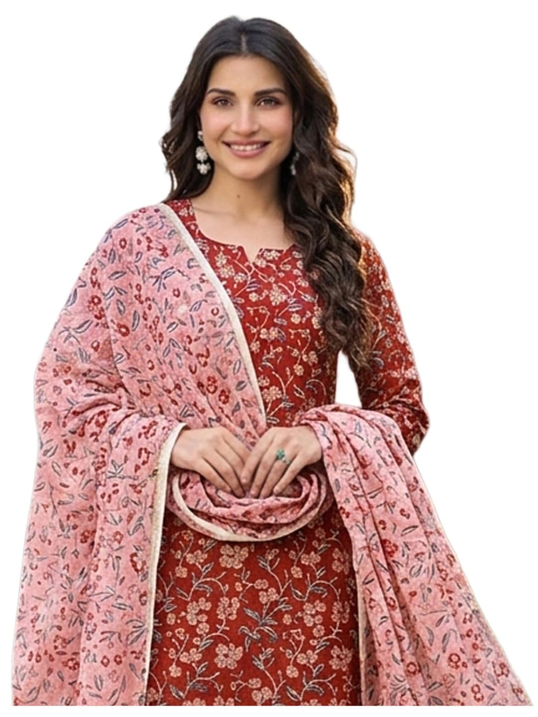 Kurta Set Women Cotton Blend Printed | Kurti Set Woman | Kurta Pant Dupatta 3 Piece Outfit | Round Neck V-Slit 3/4 Sleeve Straight Fit Ethnic Wear Ladies Dress Stylish Traditional Clothing-image-15
