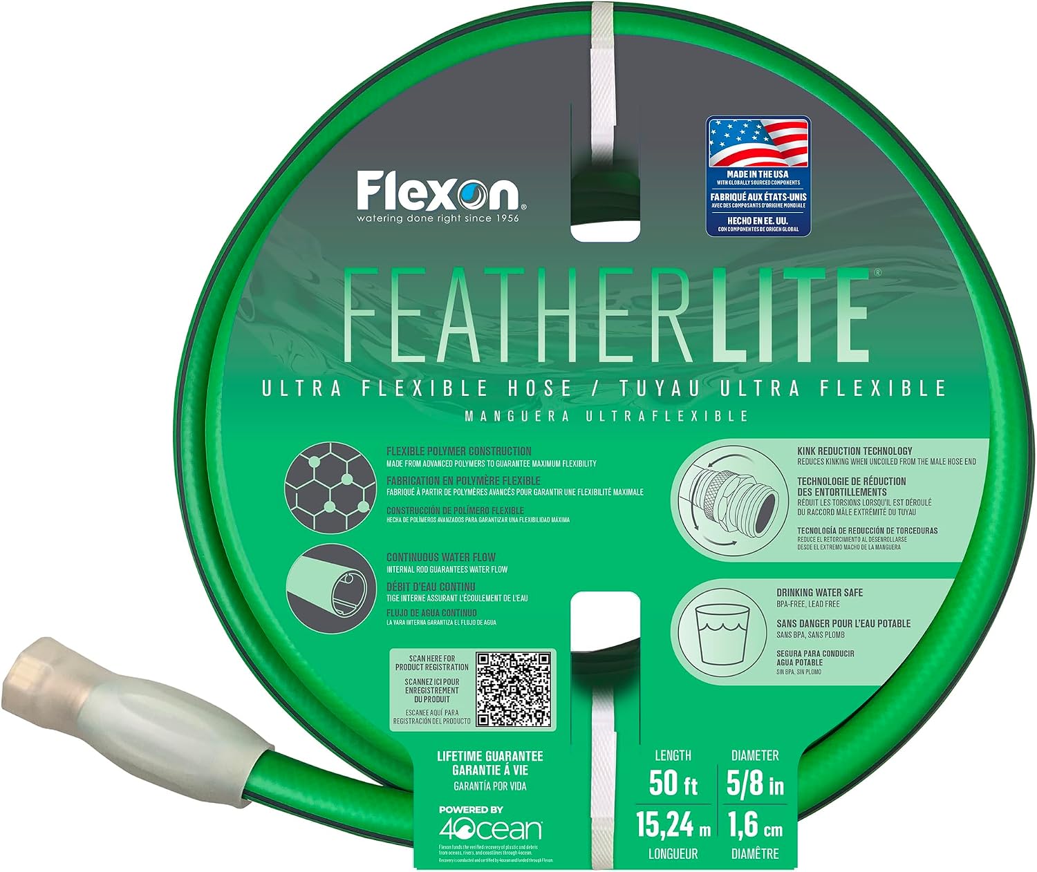 Flexon Featherlite 5/8" x 50-Foot Ultra Flexible Drinking Water Safe Garden Hose – Heavy Duty, Kink-Resistant, Lightweight, Durable, Ideal for Lawn, Garden, and Outdoor Use