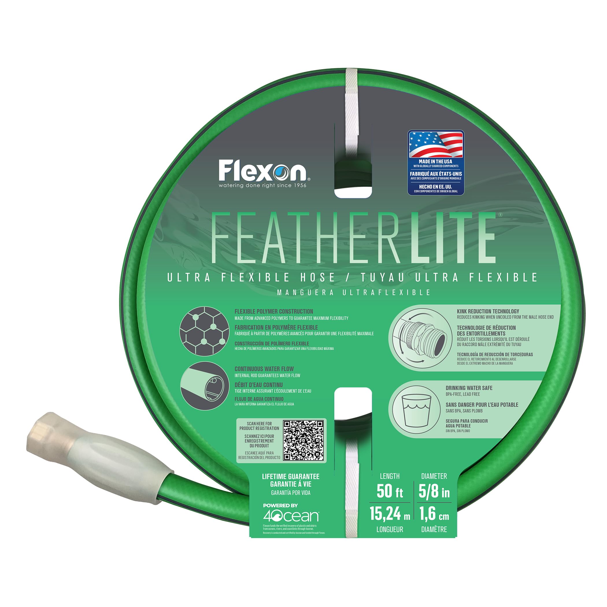 Featherlite 5/8" x 50-Foot Ultra Flexible Drinking Water Safe Garden Hose by Flexon – 50 ft, Polyvinyl Chloride (PVC), Green, Model FTHL5850