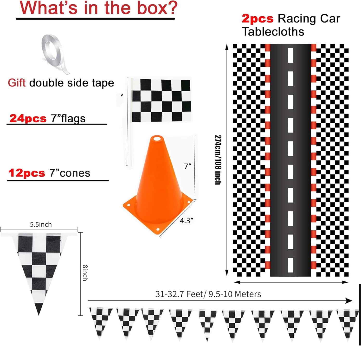Cars Party Decorations,Racecar Centerpiece Decoration,7in Orange Racing Cones(12),Checkered Flags (24), 54"x108" Plastic Tablecloths (2),Banner Race Car Theme Party Supplies(40pcs)