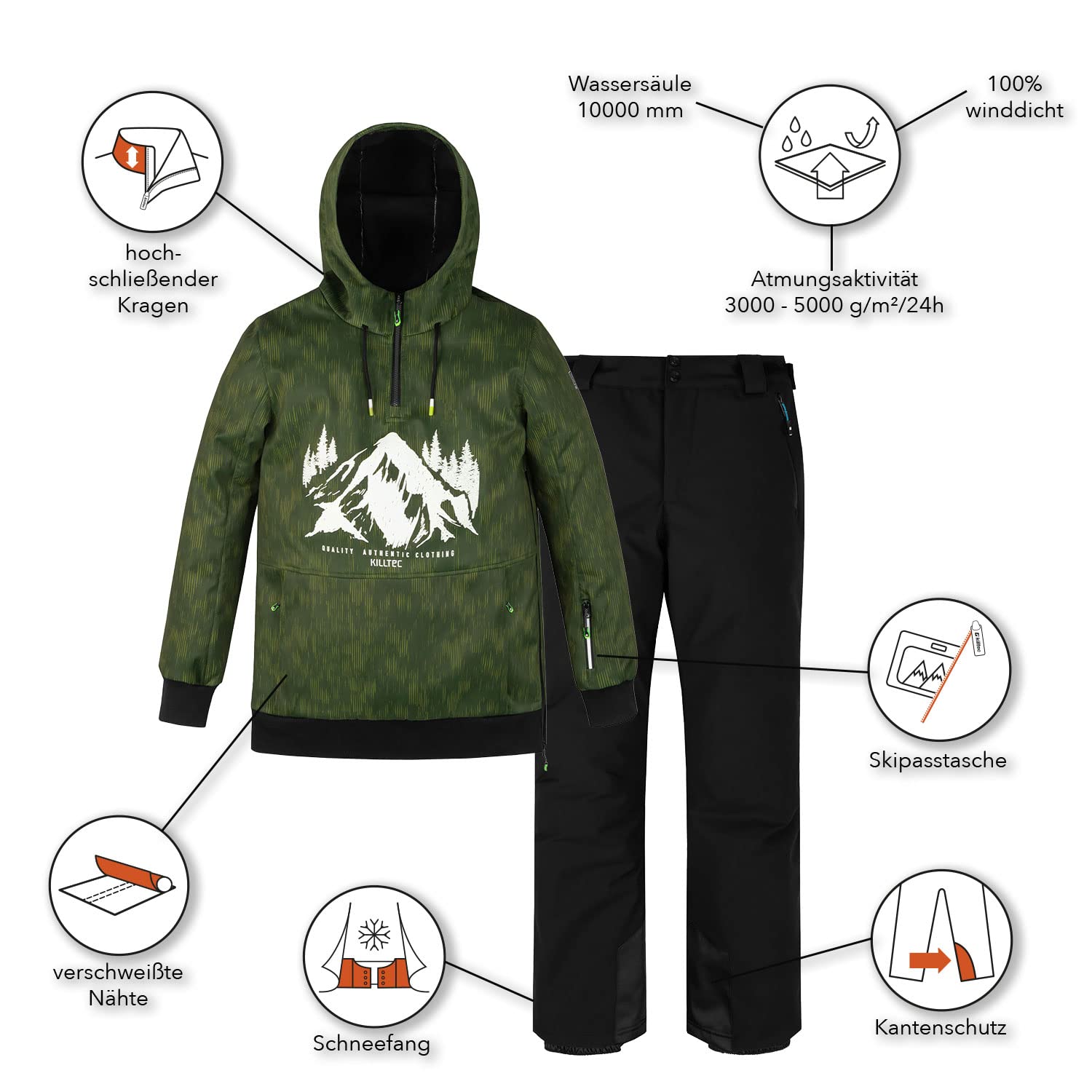 killtec Herren leichter Skianzug - mit 10.000 mm Wassersäule - Windbreaker Hoodie und Funktionshose
