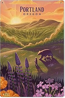 Lantern Press 6x9 Inch Wood Sign, Ready to Hang Wall Decor, Portland, Oregon, Bear and Spring Flowers, Lithograph