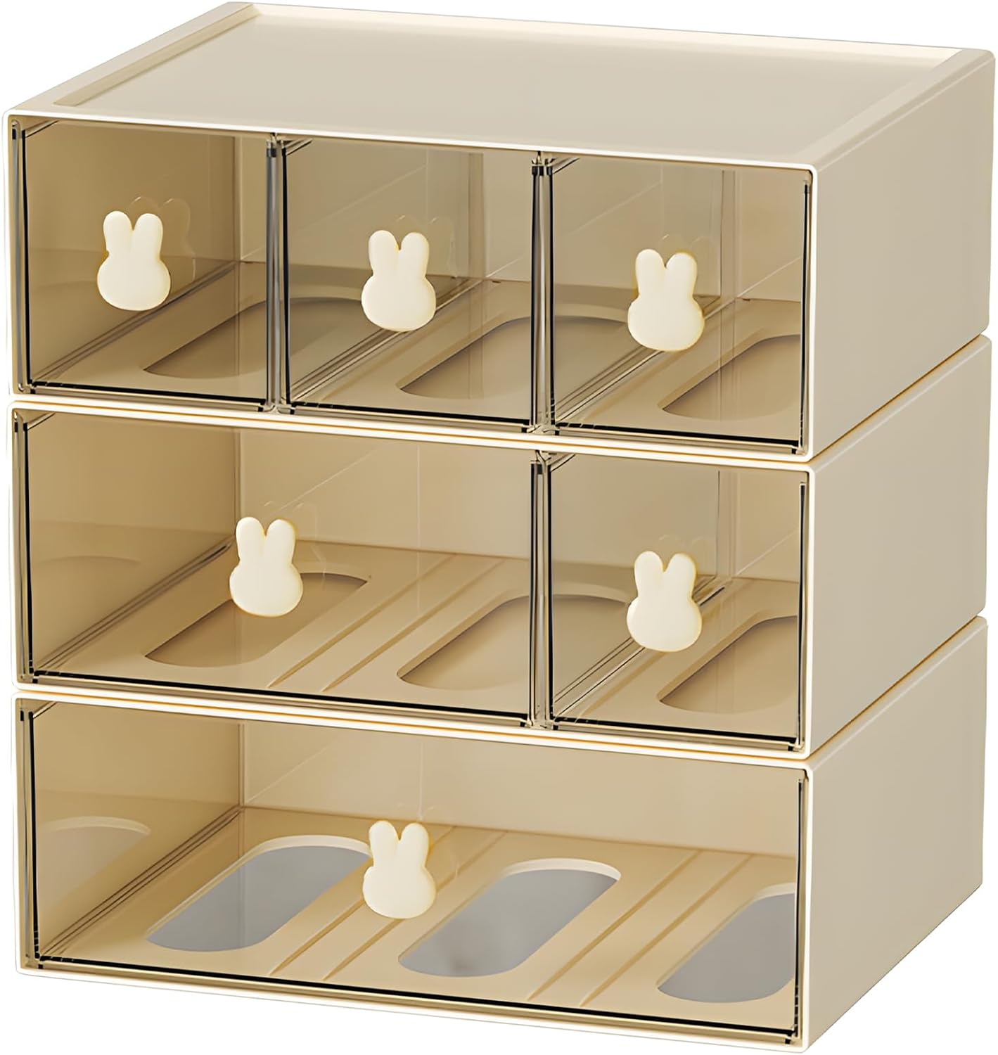 Desktop Storage Drawers, Plastic Desk Organizer with 6 Drawers, Modular Stackable Toolbox Units for Office Stationary, Makeup Container, Bathroom Countertop (3 Tiers, Cream & Clear)