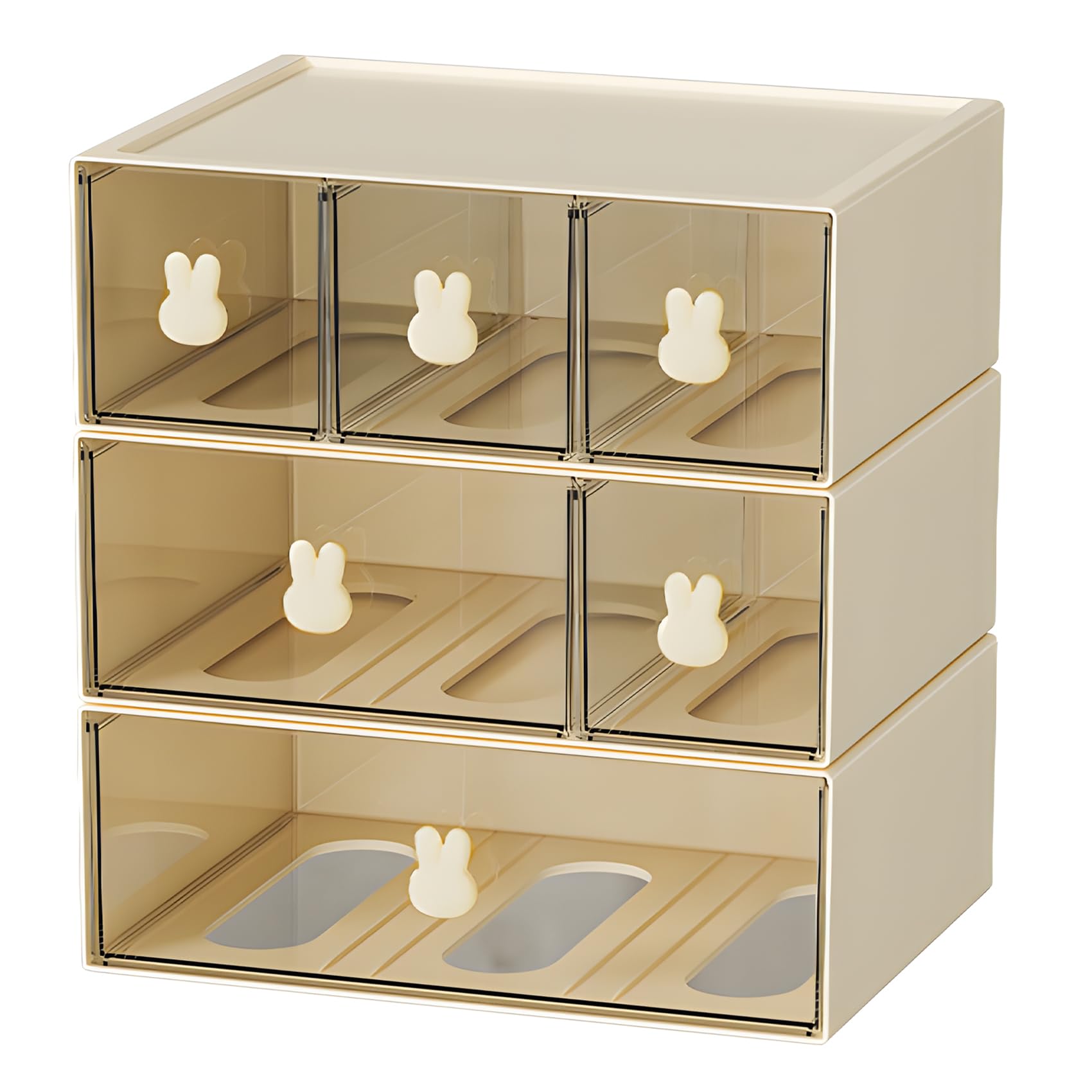 Osteed 3 Tall Layers & 6 Drawers, Cream & Clear Desktop Storage Drawers, Plastic Desk Organizer With 6 Drawers, Modular Stackable Toolbox Units For Office Stationary, Makeup Container, Bathroom Countertop (3 Tiers, Cream & Clear)